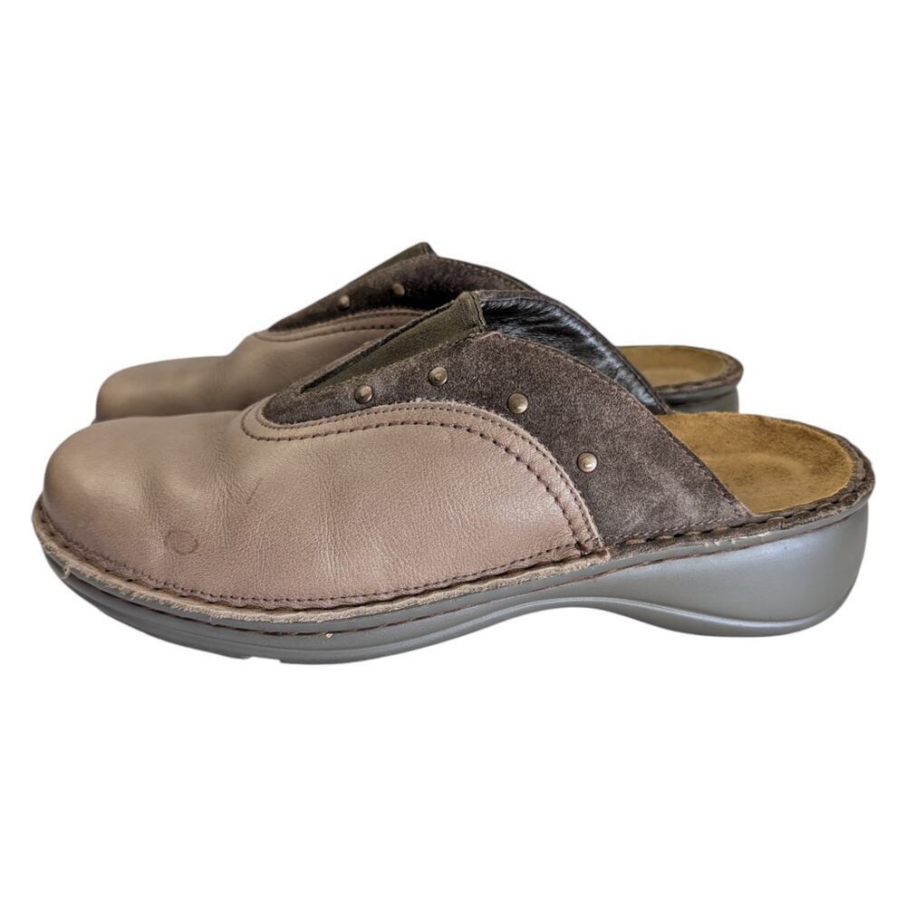 Naot Brown Leather Slip On Clogs Mules Size 39 Comfort Slides Round Toe Fall
